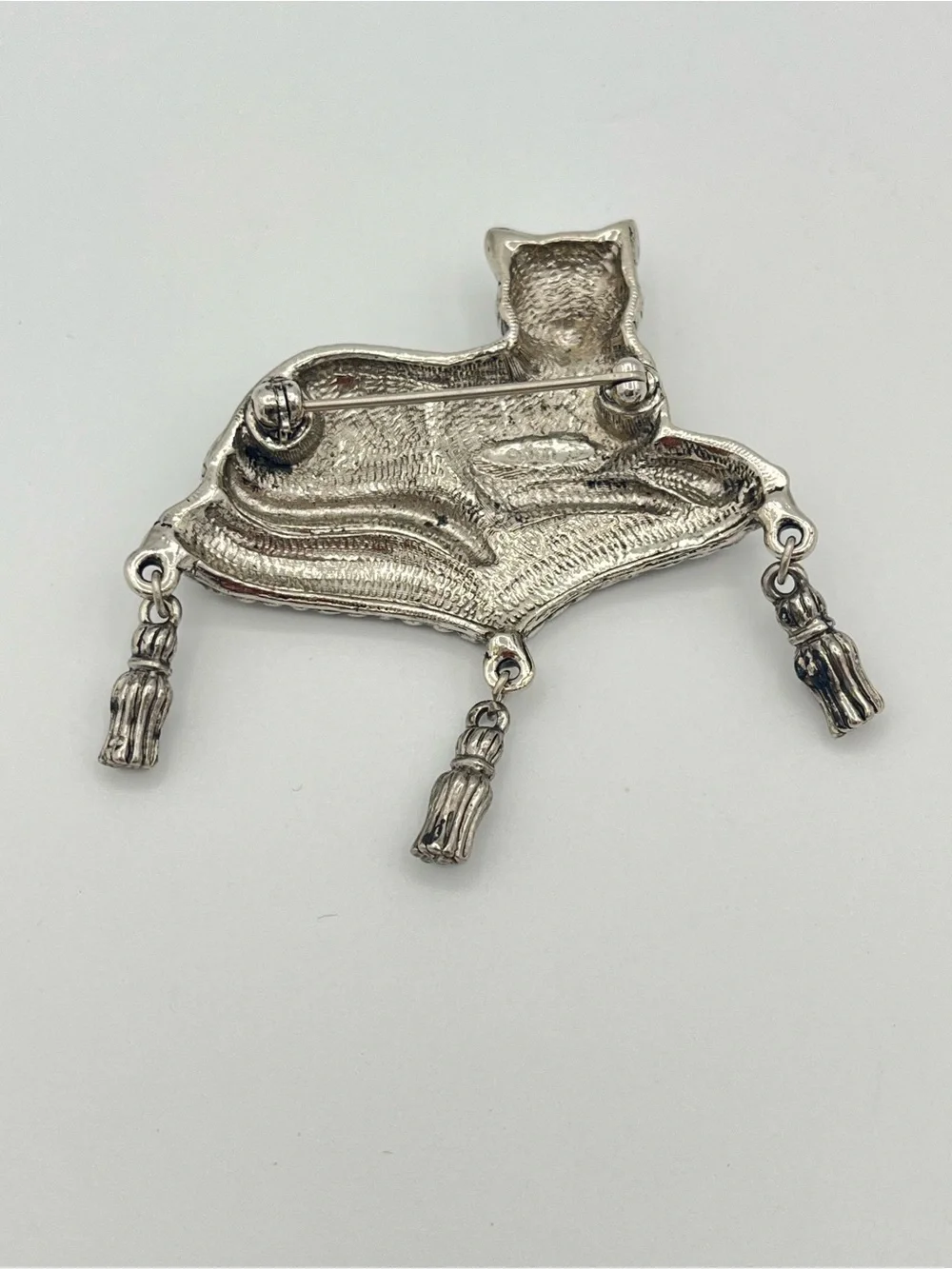 Vintage Silver Marcasite Style Cat on Tasseled Pillow Brooch